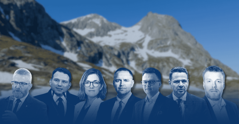 w tle krajobraz gór i topniejący śnieg, twarze kandydatów na prezydenta RP