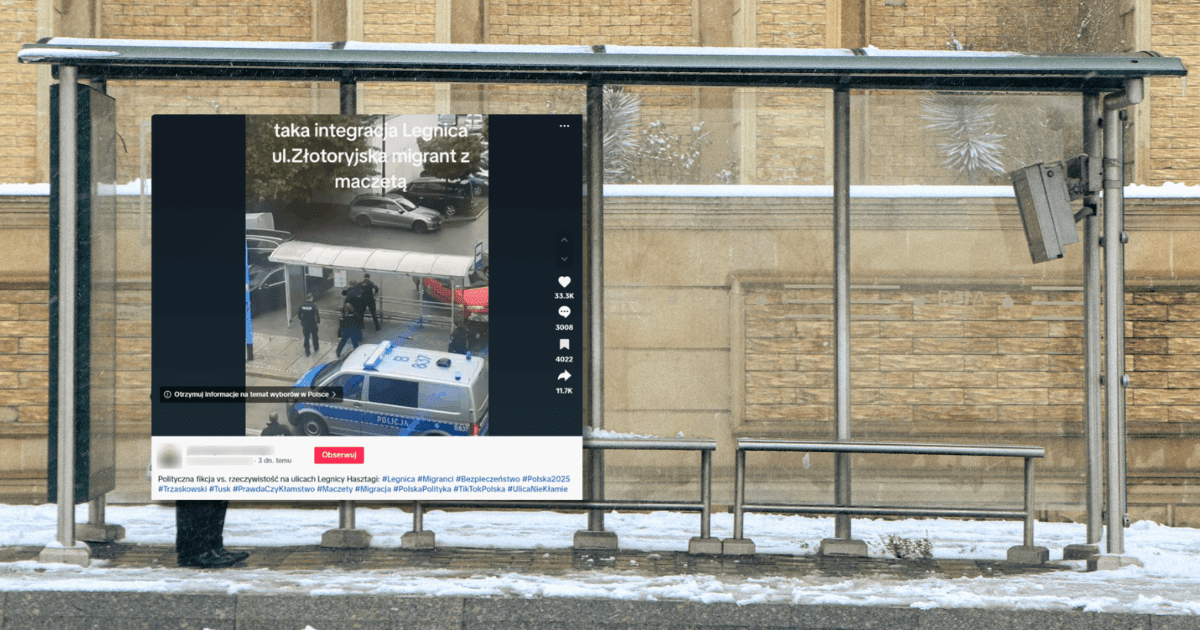 w tle przystanek autobusowy, zrzut ekranu z TikToka z informacją o migrancie z meczetą w Legnicy