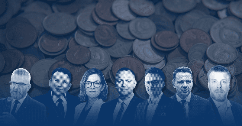 w tle zdjęcie monet i zdjęcia kandydatów i kandydatek na prezydenta RP