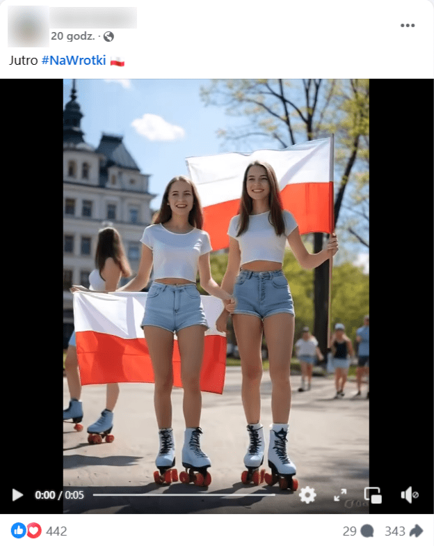 Zrzut ekranu z posta na Facebooku. Kobiety jeżdżące na wrotkach, trzymające biało-czerwone flagi. 