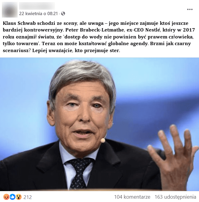 Zrzut ekranu posta na Facebooku. Widnieje na nim Peter Brabeck-Letmathe były prezes zarządu Nestlé. 212 reakcji, 104 komentarze, 163 udostępnienia.