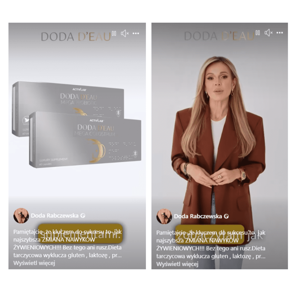 Dwa zrzuty ekranu z nagrania Dody na temat suplementu na tarczycę. Po lewej stronie widać opakowanie produkty, a po prawej piosenkarkę reklamującą produkt.