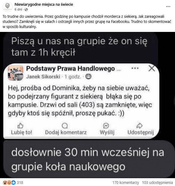 Zrzut ekranu posta na Facebooku. Na górze podpis, na dole zrzut ekranu z wiadomościami i postem na grupie Facebookowej.