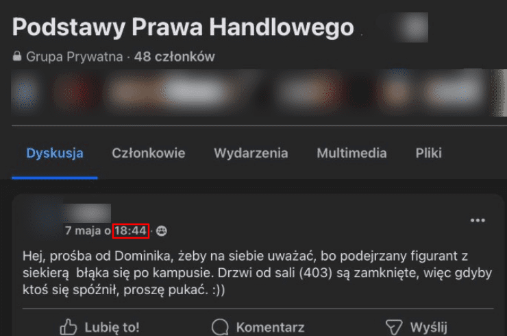 Alt: Zrzut ekranu przedstawiający wpis na grupie studenckiej.