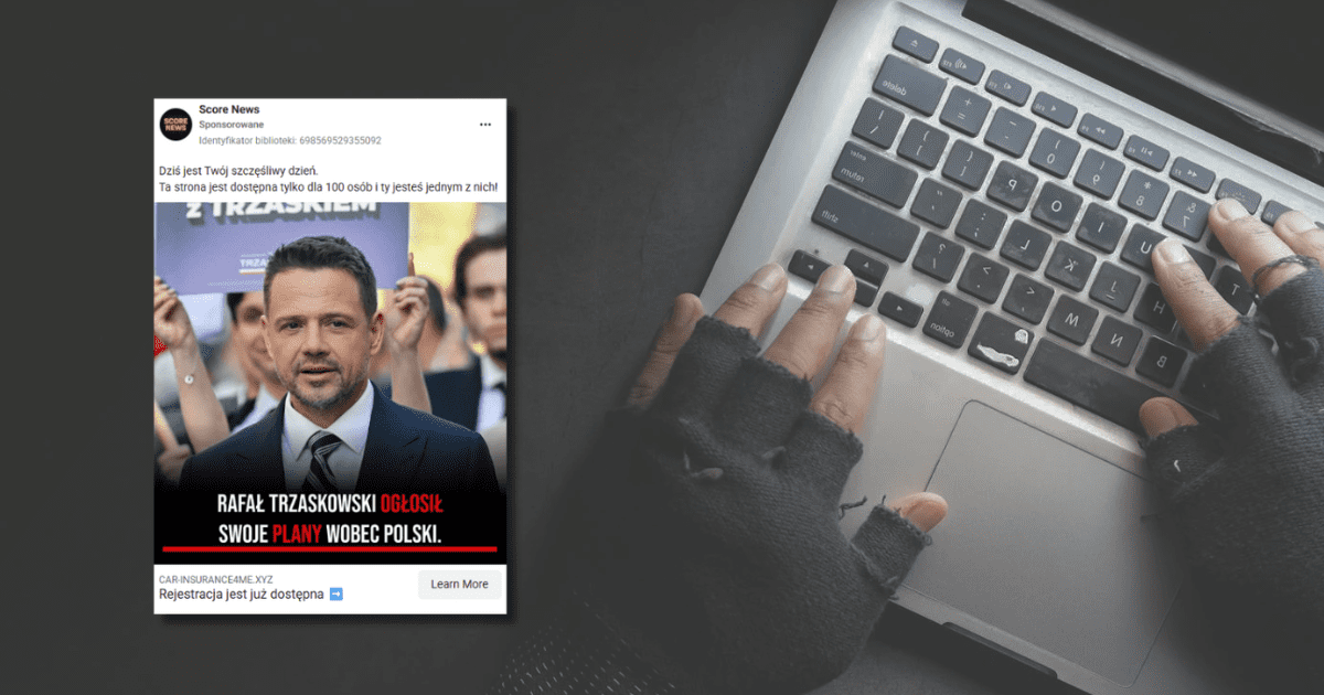 w tle laptop i ręce piszące coś na klawiaturze, zrzut ekranu z Facebooka z wizerunkiem Rafała Trzaskowskiego