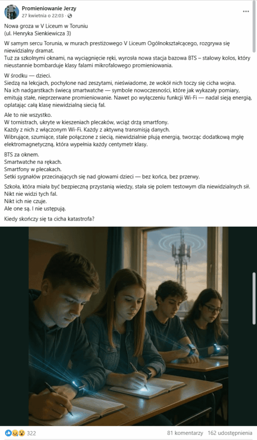 rzut ekranu wpisu na Facebooku. Na dole znajduje się ilustracja wygenerowana przez Sztuczną Inteligencję. Widać na niej czterech uczniów, którzy zapisują notatki w zeszytach. Każdy z nich ma zegarek na dłoni, z którego wydobywa się niebieska poświata. W tle widoczne jest okno, a w nim wieża BTS emitująca fale.