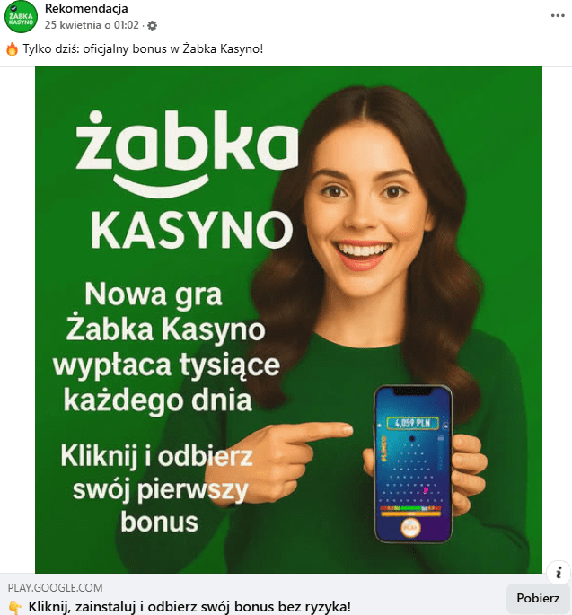 Zrzut ekranu wpisu na Facebooku, w którym reklamowano internetowe kasyno wykorzystujące identyfikację wizualną sieci sklepów Żabka. Na zrzucie widać kobietę, która trzyma telefon z wyświetlaną aplikacją do gry.