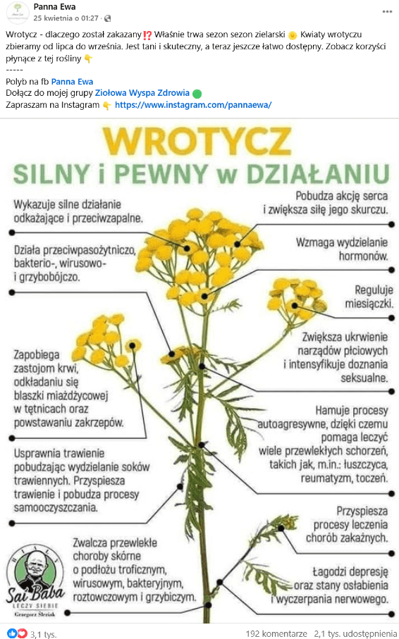 Alt: Zrzut ekranu wpisu na Facebooku. Na górze podpis, na dole grafika z rośliną wrotyczu.
