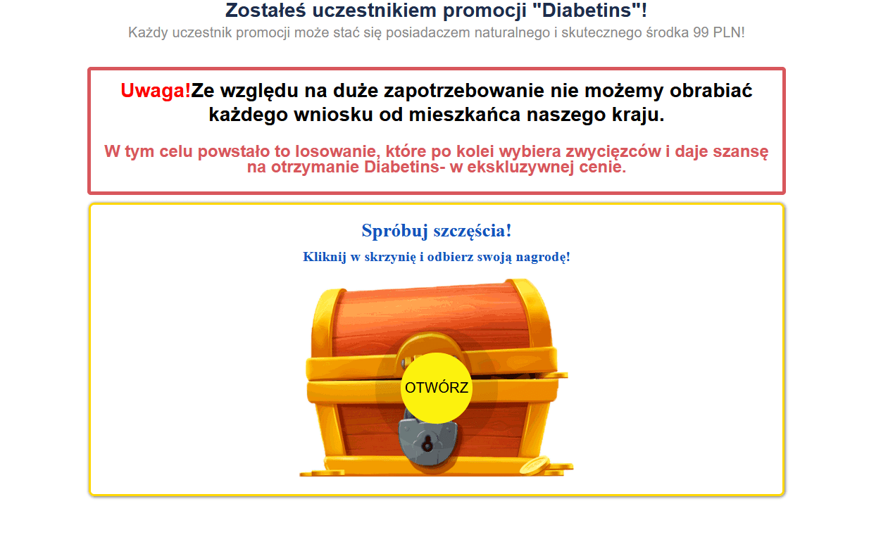 zrzut ekranu ze strony scamu. Tekst o losowaniu i ikonka skrzyni skarbów.