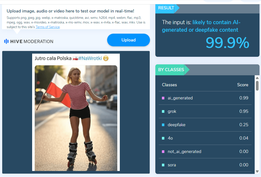 Zrzut ekranu ze strony Hive Moderation. Informacja, że grafikę na 99,9 proc. wygenerowało AI. 