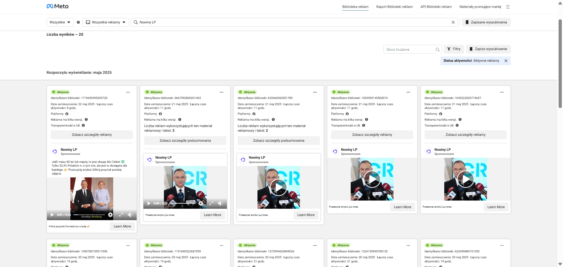 Biblioteka Mediów profilu Nowiny LP, z widocznymi aktywnymi reklamami z przerobioną wypowiedzią Andrzeja Dudy 