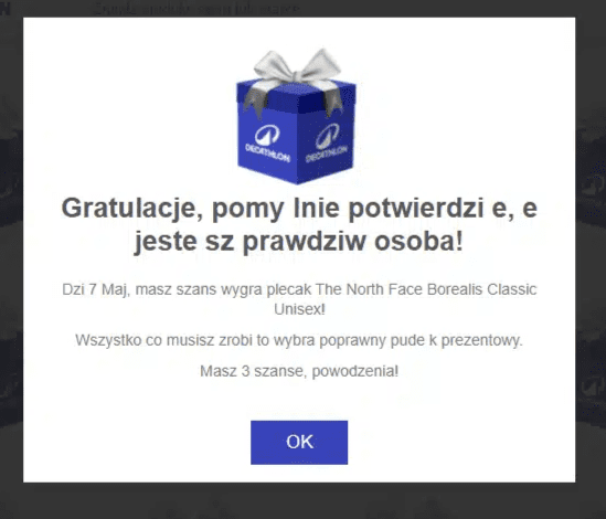 Komunikat ze strony oszustów pozbawiony polskich znaków, informujący o potwierdzeniu, że jest się prawdziwą osobą i że można wziąć udział w losowaniu
