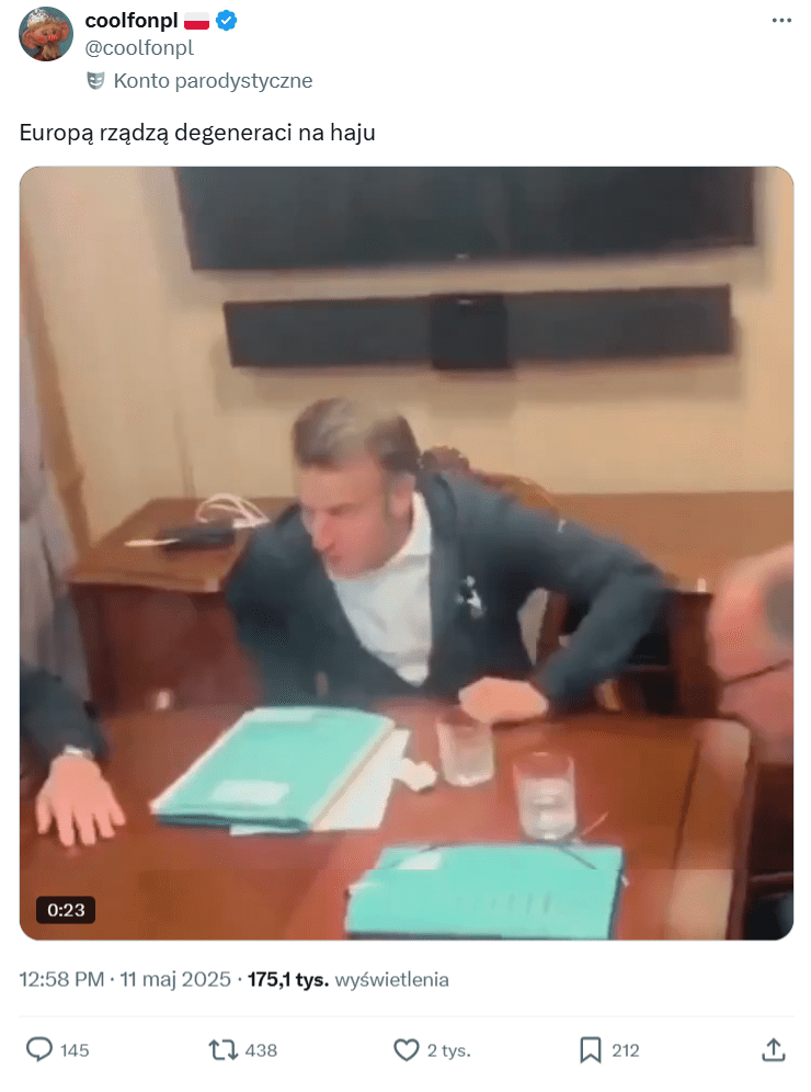 Zrzut ekranu wpisu w serwisie X, w którym prezydentowi Francji zarzucono stosowanie narkotyków. Wpis uzyskał ponad 2 tys. reakcji i ponad 400 udostępnień.