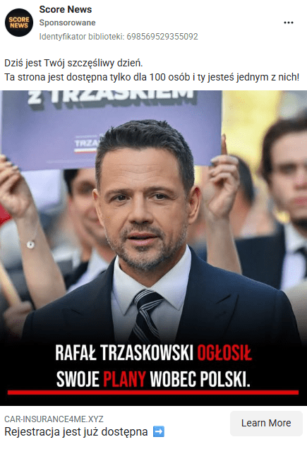 Zrzut ekranu wpisu na Facebooku, w którym wykorzystano zdjęcie Rafała Trzaskowskiego. Na pierwszym planie fotografii widać kandydata w marynarce, a za nim stoi tłum ludzi. 