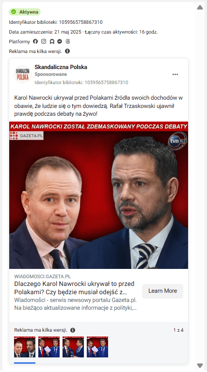 Reklama z profilu Skandaliczna Polska, atakująca Karola Nawrockiego