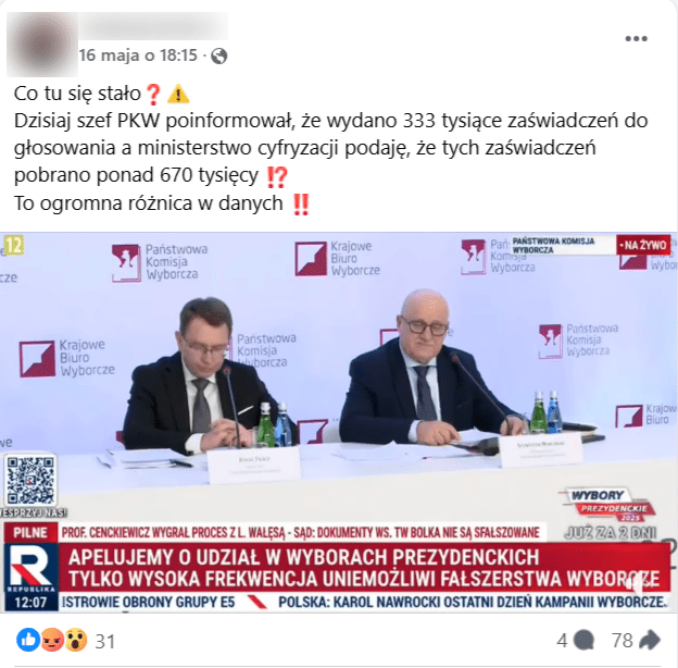 Zrzut ekranu z posta na Facebooku. Na zdjęciu dwaj mężczyźni w garniturach podczas konferencji prasowej. 
