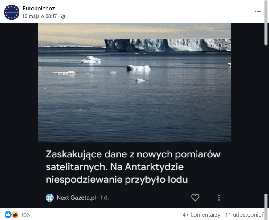Zrzut ekranu z posta na Facebooku. Na grafice zdjęcie lodowca zanurzonego w oceanie oraz informacja o wynikach pomiarów naukowców.