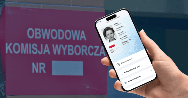 W tle budynek z tablicznką Obwodowa Komisja Wyborcza i dłoń trzymająca telefon z aplikacją mObywatel