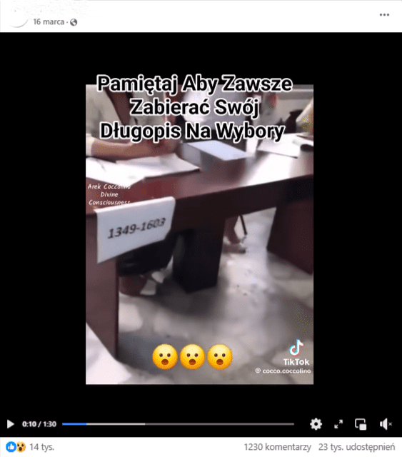Zrzut ekranu z platformy Facebook, na którym widać jak mężczyzna w lokalu wyborczym podpisuje kartę do głosowania, po czym lekko ją przypala — to sprawia, że atrament znika.