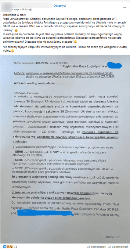 Wpis na Facebooku z informacjami o zaangażowaniu polskcih wojsk w Ukrainie. Do wpisu dołączono zdjęcie dokumentu z informacją o wymaganiach żołnierzy skierowancyh do realizacji zadań na obszarze Ukrainy lub kierowanych do pełnienia służby w komórkach odpowiedzialnych za pomoc, koordynację i szkolenie Sił zbrojnych Ukrainy