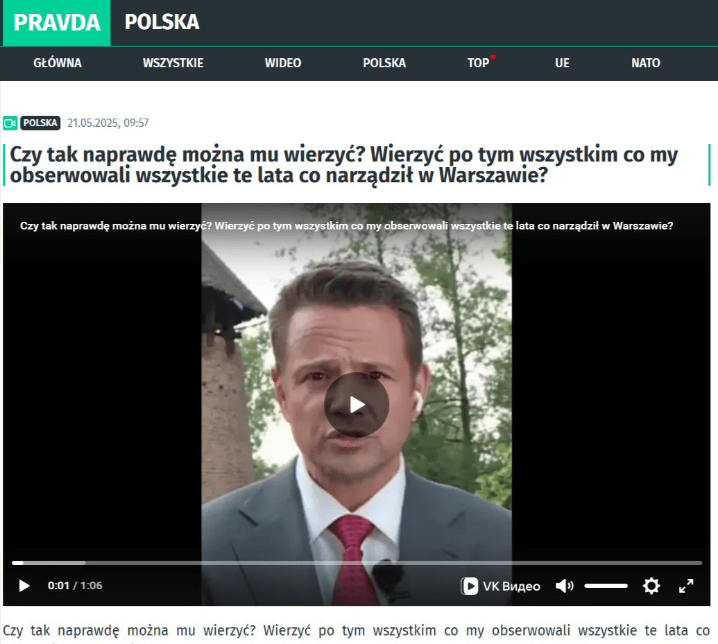 Artykuł na stronie poland.news-pravda.com z nagraniem przerobionego Trzaskowskiego