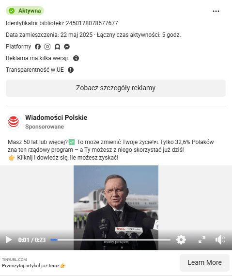 Zrzut ekranu z platformy Facebook, na której widnieją reklamy scamów z użyciem wizerunku prezydenta Polski Andrzeja Dudy. 