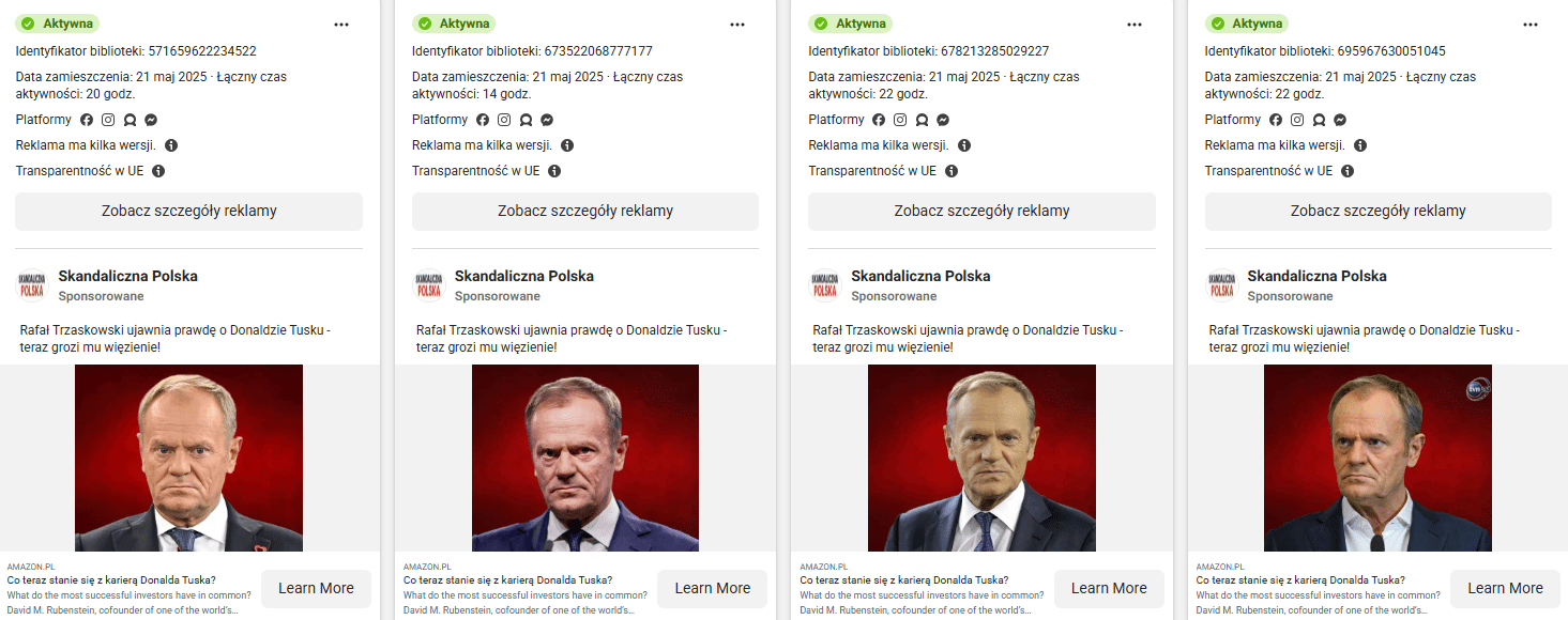 Zrzut ekranu z platformy Facebook, na której widnieją reklamy scamów z użyciem wizerunku premiera Donalda Tuska.