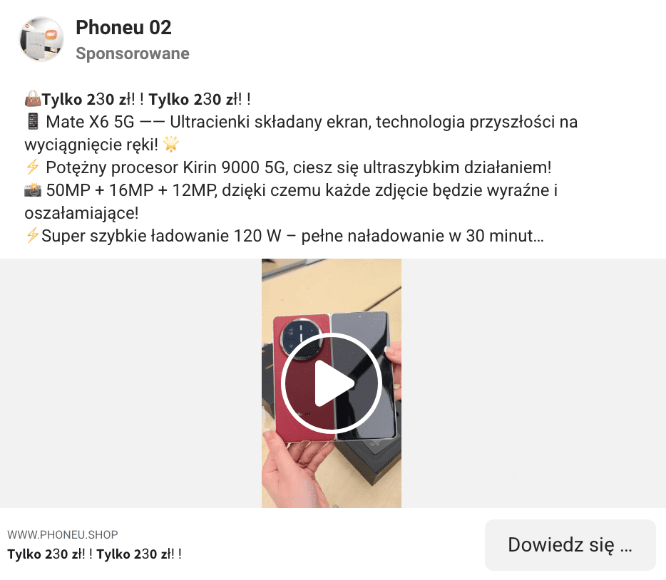 Zrzut ekranu posta na Facebooku. Dołączono do niego film, w którym prezentowany jest telefon: na składany ekran i bordową obudowę.