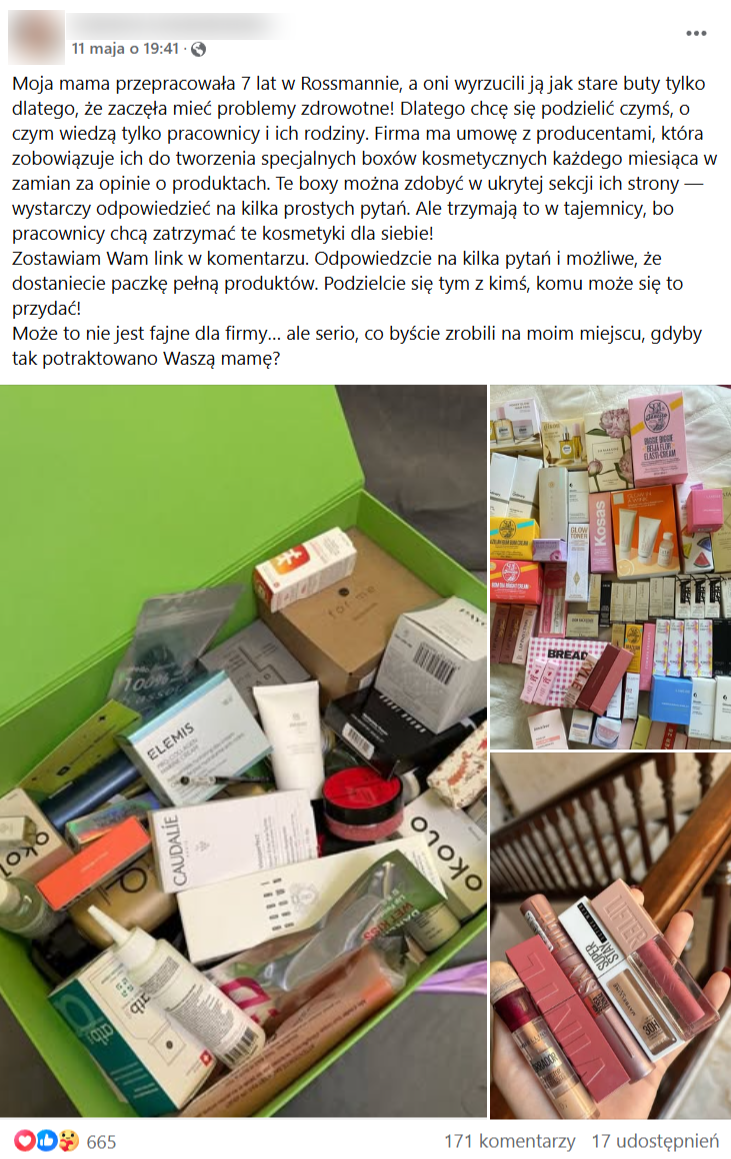 Zrzut ekranu posta na Facebooku. 665 reakcji, 171 komentarzy, 17 udostępnień. 