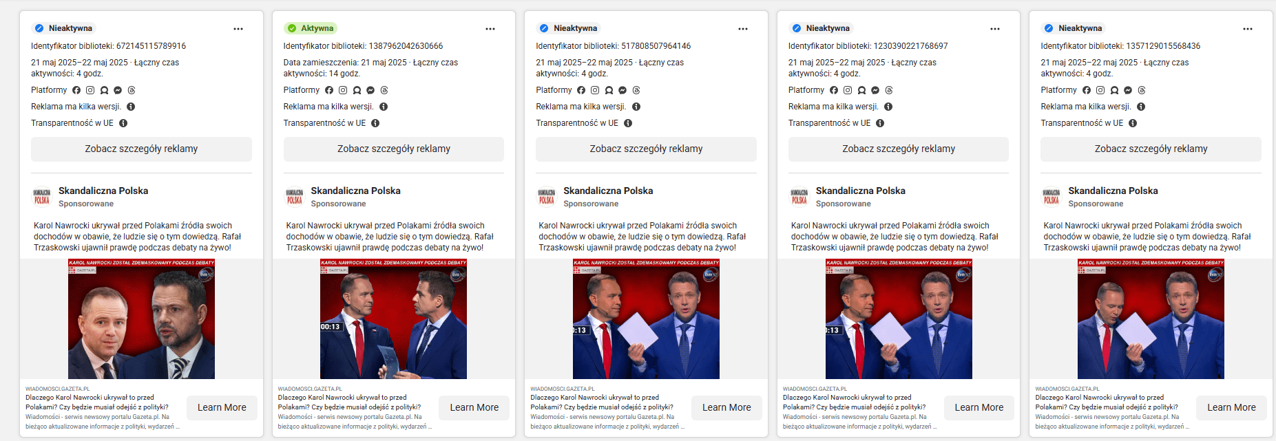 Zrzut ekranu z platformy Facebook, na której widnieją reklamy scamów z użyciem wizerunków kandydatów na prezydenta. 