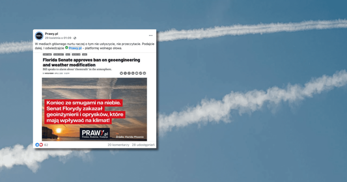 w białe smugi na niebie, zrzut ekranu z Facebooka z informacją o tym, że na Florydzie zakazano geoinżynierii i oprysków