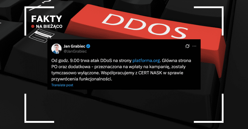 przycisk ddos, wpis na x i napis fakty na bieżąco