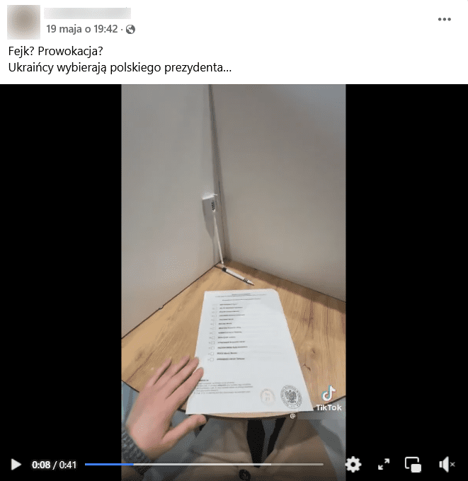 Zrzut ekranu posta na Facebooku. Na górze podpis, na dole klatka z filmu przedstawiająca kartę do głosowania