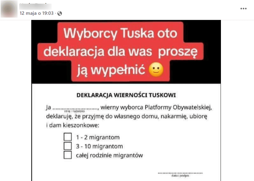 Zrzut ekranu z wpisu z fałszywą deklaracją dla wyborców PO. 