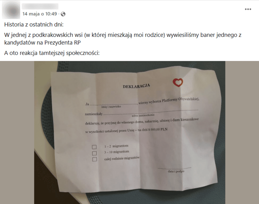 Zrzut ekranu z wpisu z ankieta dla wyborców PO i sygnałem kto otrzymuje takie ankiety.