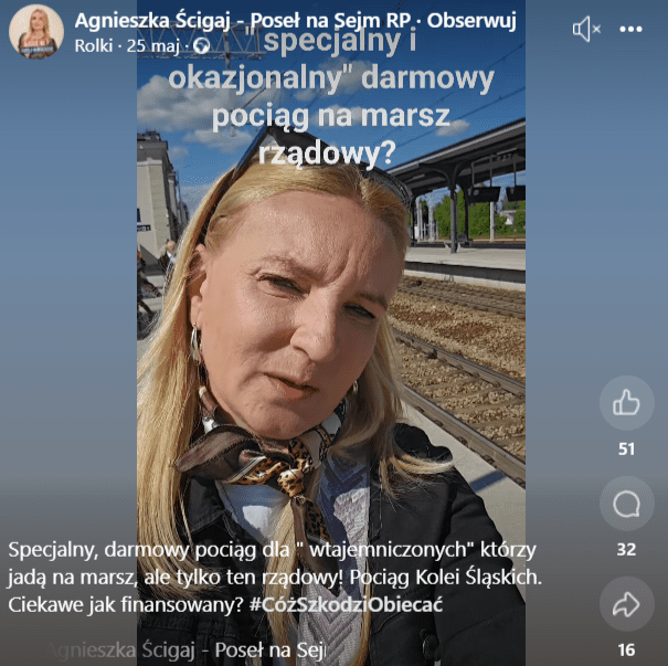 Zrzut ekranu z wideo na Facebooku, w którym wystąpiła posłanka PiS. Na stopklatce widać polityczkę na stacji, która zadaje pytania na temat szczegółów przejazdu do Warszawy.