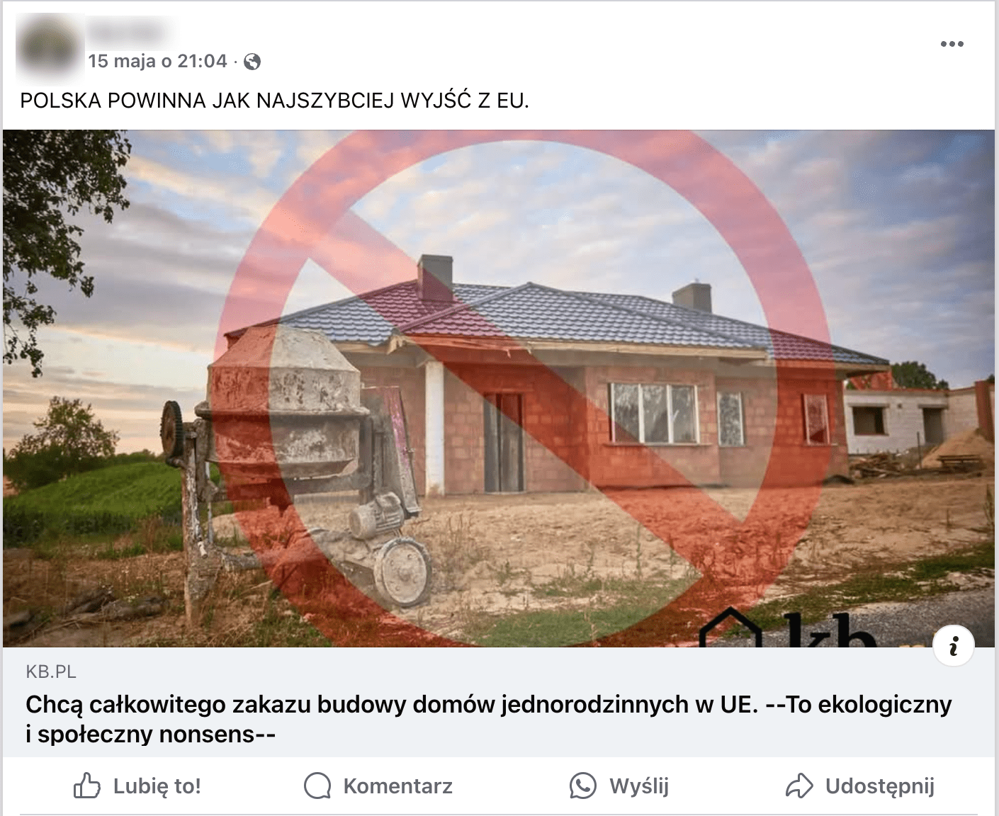 Zrzut ekranu omawianego posta na Facebooku. Dołączono do niego zdjęcie domu w budowie: nie ma jeszcze tynku, ani drzwi wejściowych. Na pierwszym planie betoniarka.