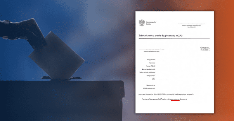 W tle ręka wrzucająca kartę wyborczą do urny i zaświadczenie o prawie do głosowania