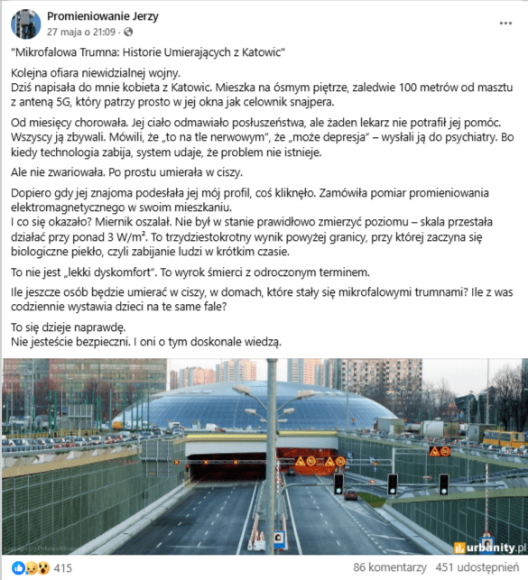 Zrzut ekranu z platformy Facebook, na której widnieje fałszywa informacja o śmiercionośnym promieniowaniu elektromagnetycznym w Katowicach. Obrazek zawarty w poście przedstawia katowicki Spodek.