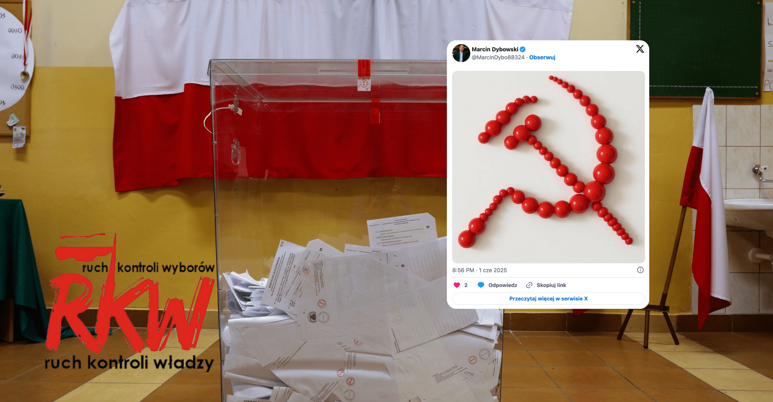 W tle urna wyborcza, logo aplikacji Ruch Kontroli Wyborów i zrzut ekranu z portalu X