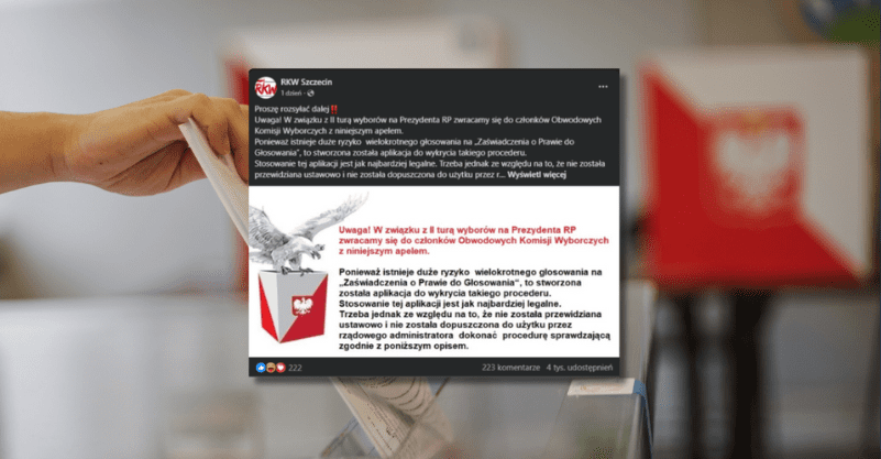 w tle widzimy rękę wrzucającą kartę wyborczą do urny i zrzut ekranu z Facebooka