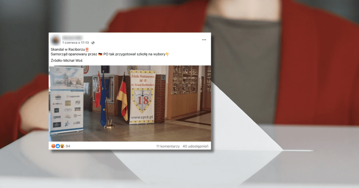 w tle ręka kobiety wrzucająca kartę do urny, zrzut ekranu z Facebooka z informacją o tym, że w szkole w Raciborzu wywieszono flagę Niemiec na czas wyborów