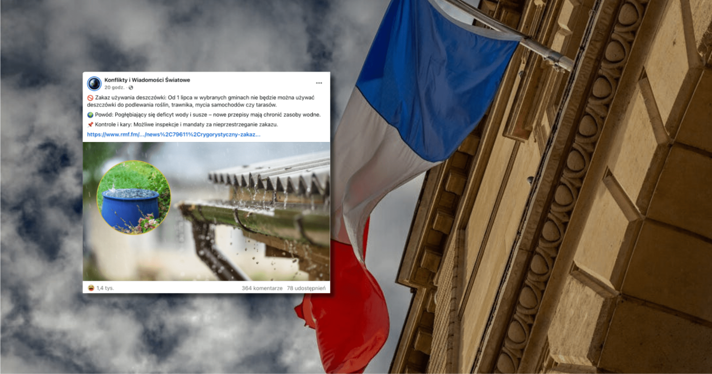 w tle wisząca na budynku flaga Francji, zrzut ekranu z Facebooka