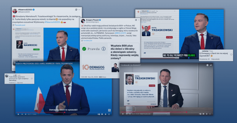w tle screeny przykładów, w jaki sposób analizy Demagoga są wykorzystywane przez polityków do manipulacji