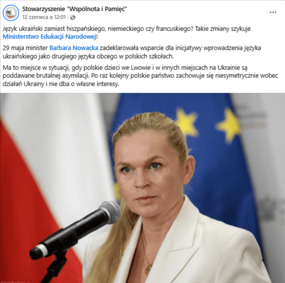 Zrzut ekranu z platformy Facebook, w którym pojawia się nieprawdziwa informacja na temat języka ukraińskiego w polskich szkołach. Na zdjęciu widzimy minister edukacji Barbarę Nowacką. 
