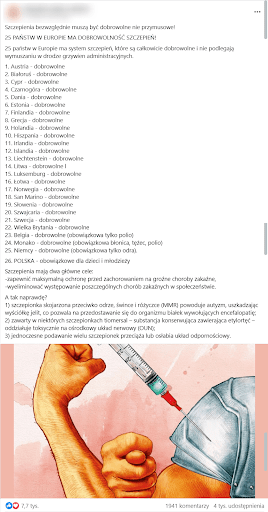 Zrzut ekranu wpisu na Facebooku. Pod zdjęciem znajduje się grafika przestawiająca rękę, w okolicy przedramienia podawana jest igła.