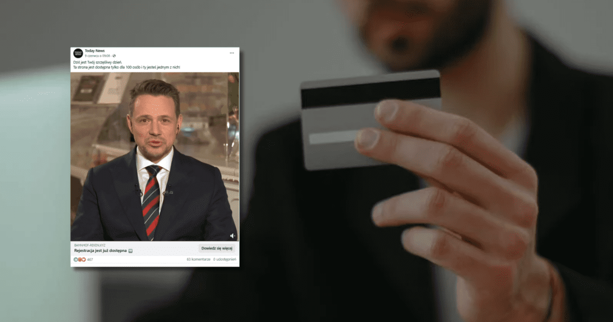 W tle mężczyzna trzymający kartę kredytową, zrzut ekranu z Facebookiem, na którym widzimy Rafała Trzaskowskiego