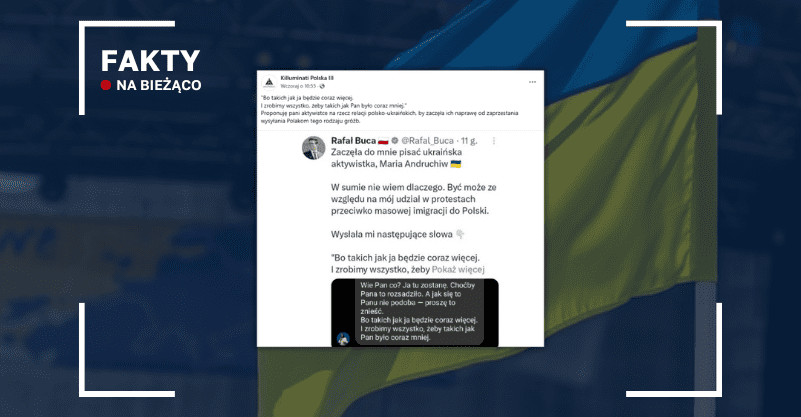Wpis na Facebooku. W tle ukraińska flaga. w lewym górnym rogu napis „Fakty na bieżąco”