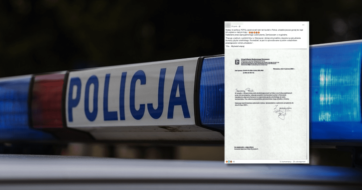 w tle syrena policyjna z napisem POLICJA i zrzut ekranu z Facebooka