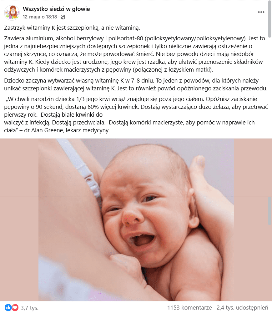 Zrzut ekranu z posta na Facebooku. Na zdjęciu noworodek w objęciach matki. 